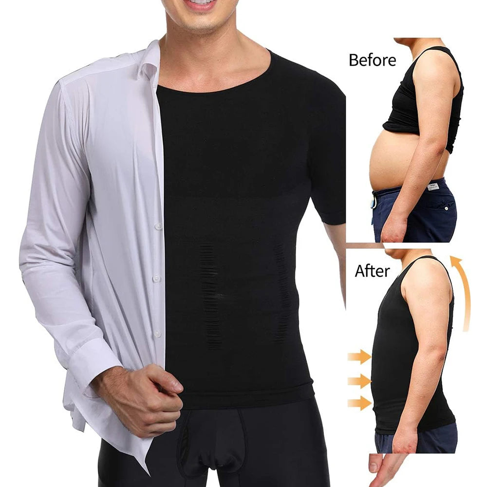 2PCS Men's Body Shaper Slimming Vest T-Shirt Elastic Slim Shapewear Compression Undershirts Tummy Control Waist Trainer Tank Top